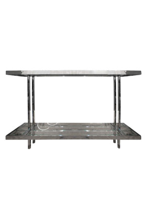 Console en inox poli double plateaux en verre 140x50x80 cm