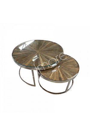 Tables basses rondes en bois recyclé et inox avec plateaux en verre 92x92x46 cm / 71x71x37 cm