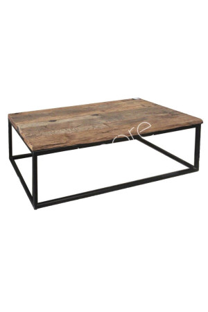 Table basse rect. en bois recyclé avec plateau en verre et pieds en métal noir 140x70x45 cm