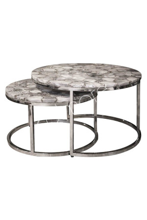 Tables basses rondes en pierres avec résine et pieds en inox poli 79x79x46 cm / 64x64x37 cm