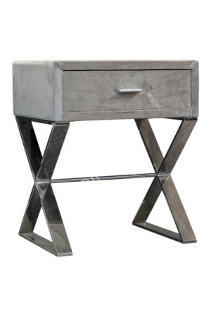 Table de chevet velours gris et inox chromé avec dalle de verre 50x40x60 cm