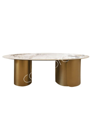 Table basse ovale en céramique et inox doré 130x70x45 cm