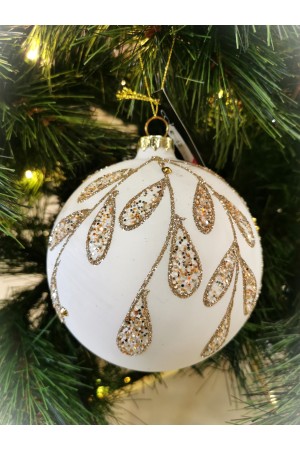 Boule de noël blanche et feuilles dorées 12 cm