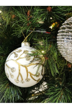 Boule de noël blanche et branches dorées 10 cm