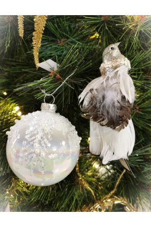 Boule de noël blanche avec perles 8 cm