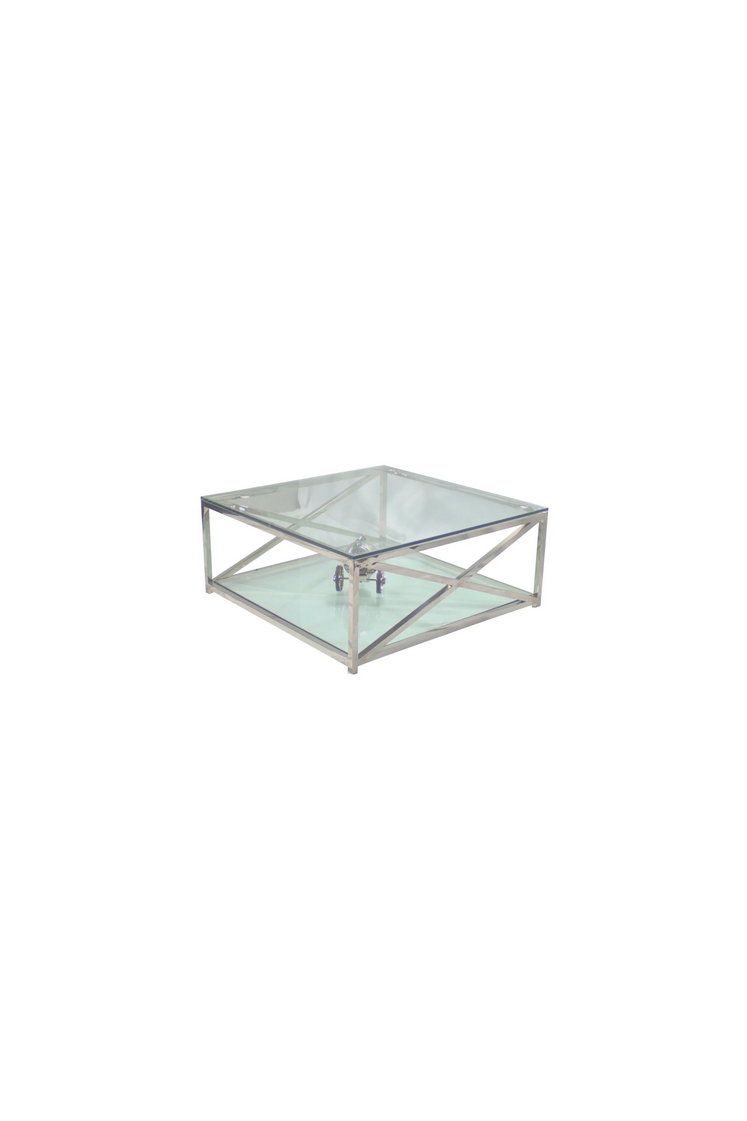 Table basse carrée en verre et métal chromé 100x100x43