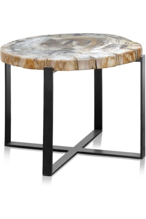 Bout de canapé en bois pétrifié et métal noir 63x53x46 cm