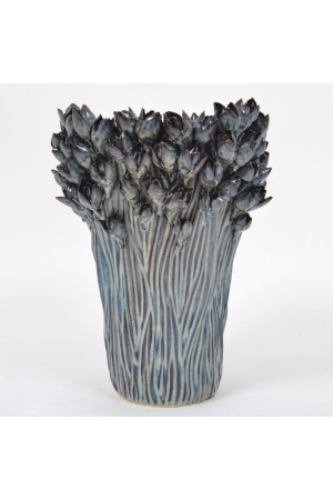 Vase roses en céramique bleu/gris 35x35x44 et 21x21x19 cm